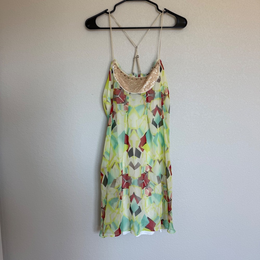 Free People Geometric Sequin Mini Dress Yellow Green Chiffon Boho Fair Y2K